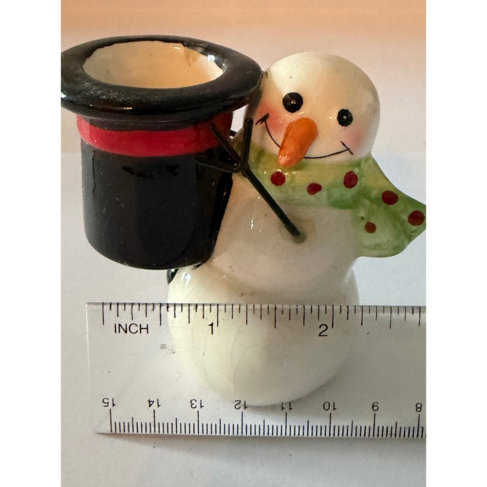Ceramic Snowman Candle Holder Figurine Black Top Hat Holiday Decor